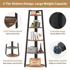 Corner shelf with five tiers, highlighting features like thick boards and adjustable leg pads.