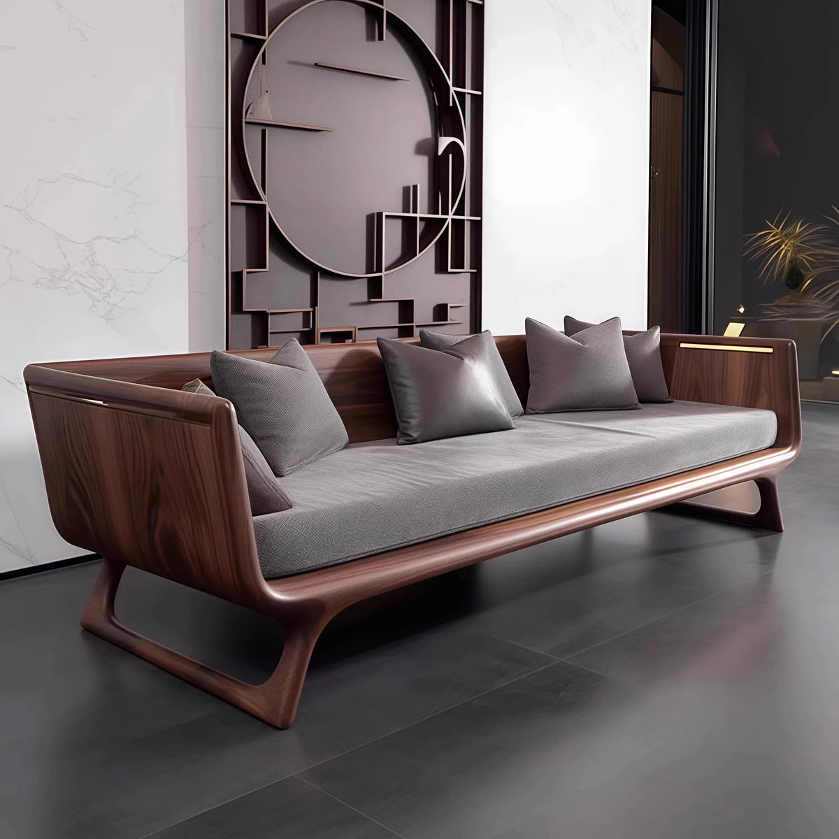 Modern wooden sofa with gray cushions in a stylish room.
