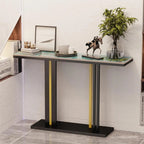 Console table with decorative items in a room setting