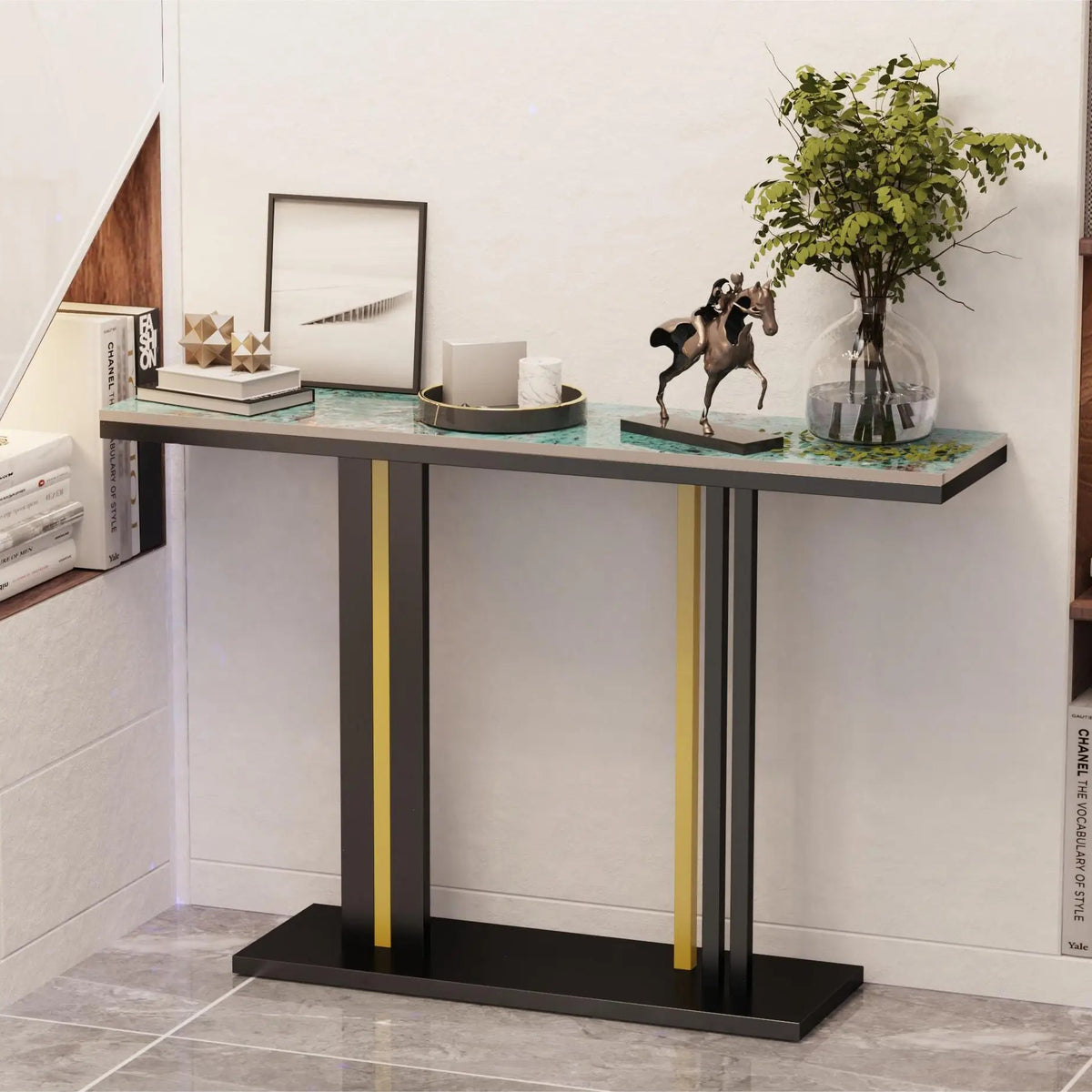 Console table with decorative items in a room setting