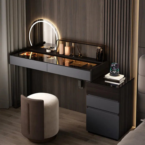 Nordic Glass Top Makeup Vanity Table – Minimalist Dressing Table with Storage Drawers