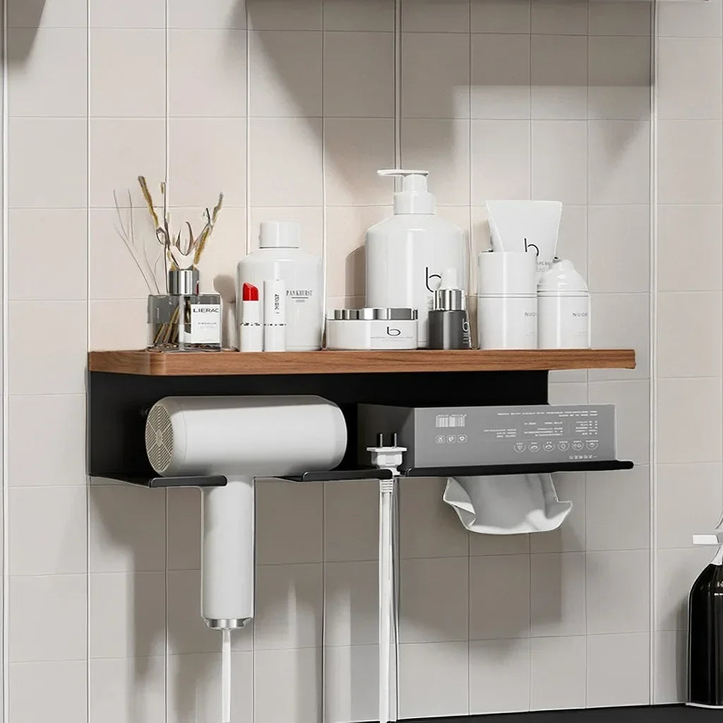 Shelf with various bathroom products against a tiled wall