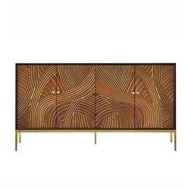 Wooden cabinet with wavy pattern and gold accents on a white background