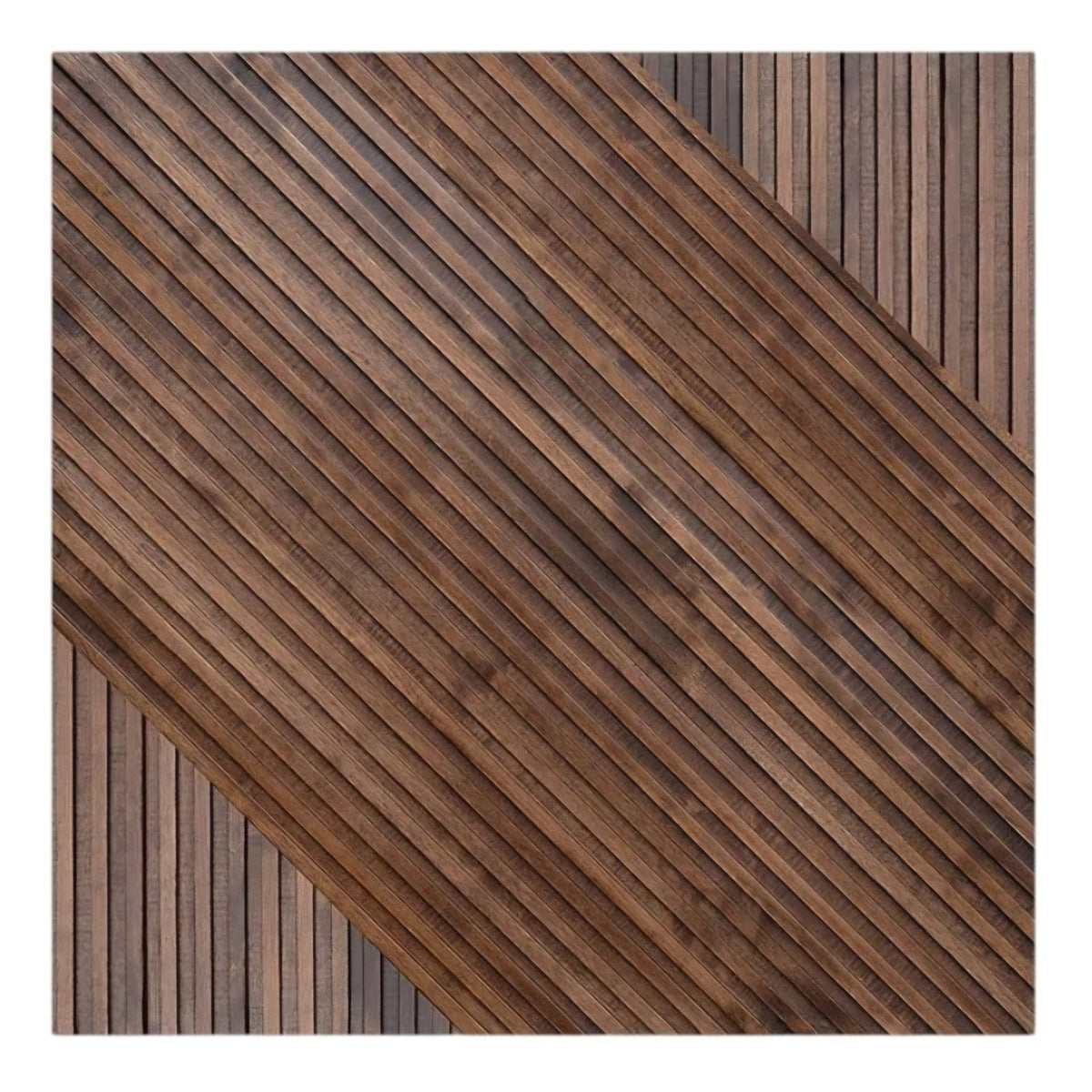 Wooden panel with a diagonal slat pattern on a white background