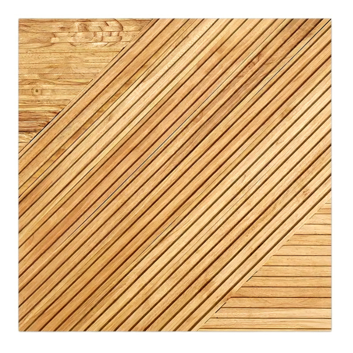 Square wooden mat with a diagonal slat pattern on a white background