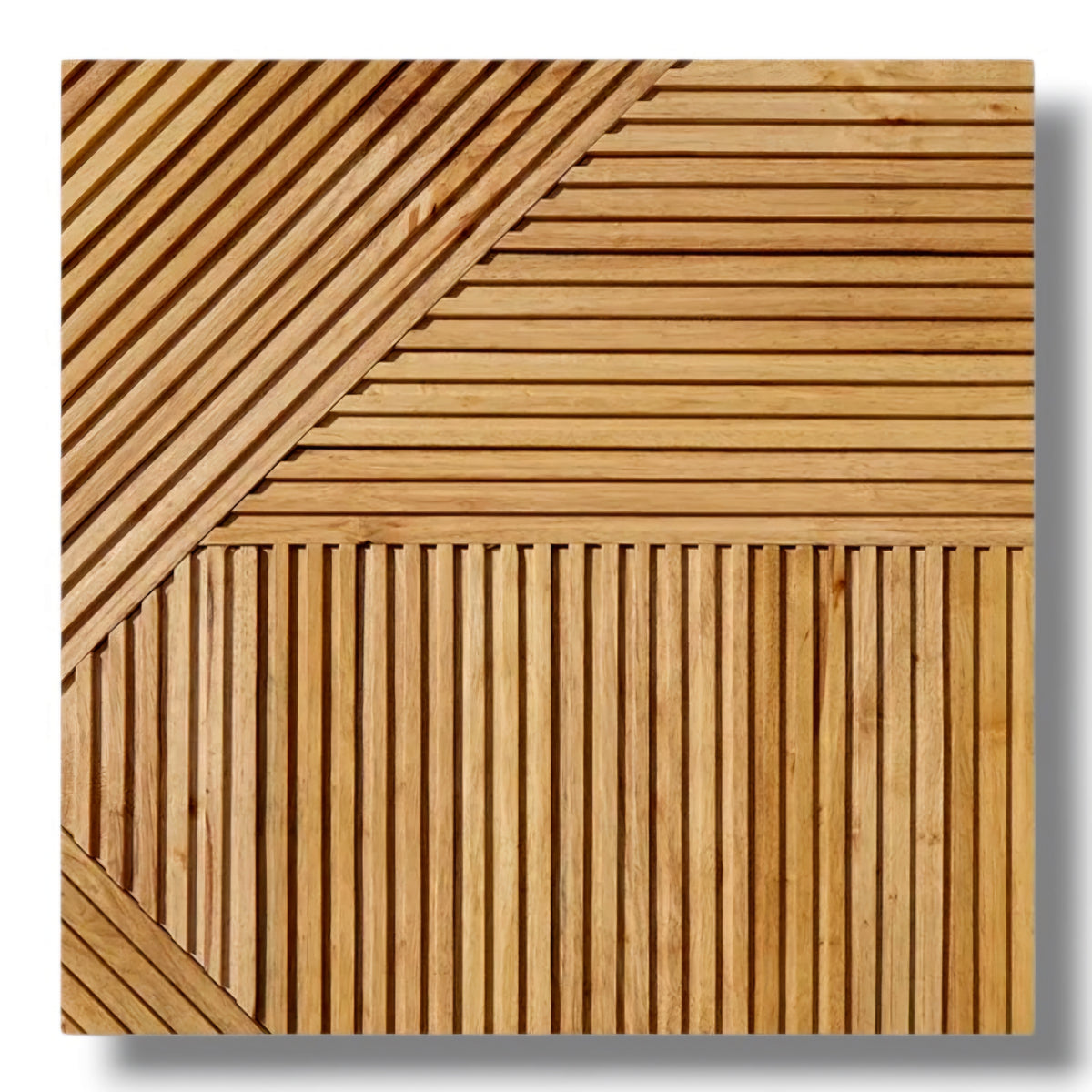 Wooden deck tiles with a geometric pattern on a white background