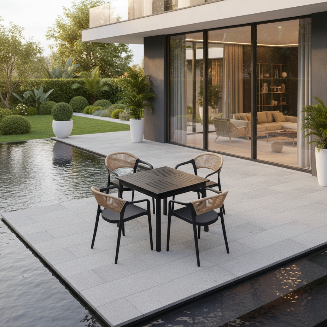 Modern outdoor patio dining set with a rectangular black table and four matching chairs with woven beige backs, placed on a light stone deck beside a swimming pool and glass-walled house.
