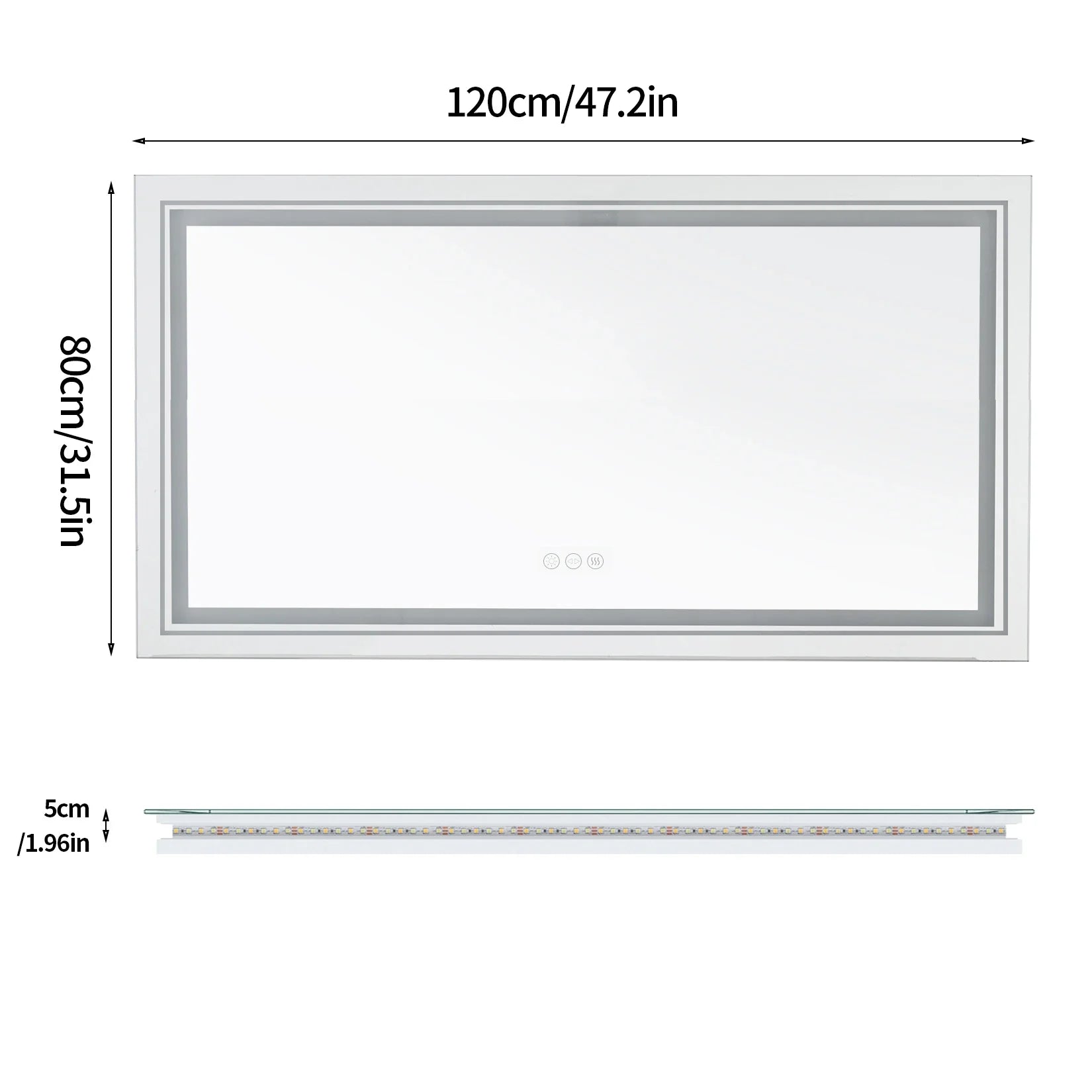 Measurement chart of a rectangular Mirror frame with dimensions labeled.