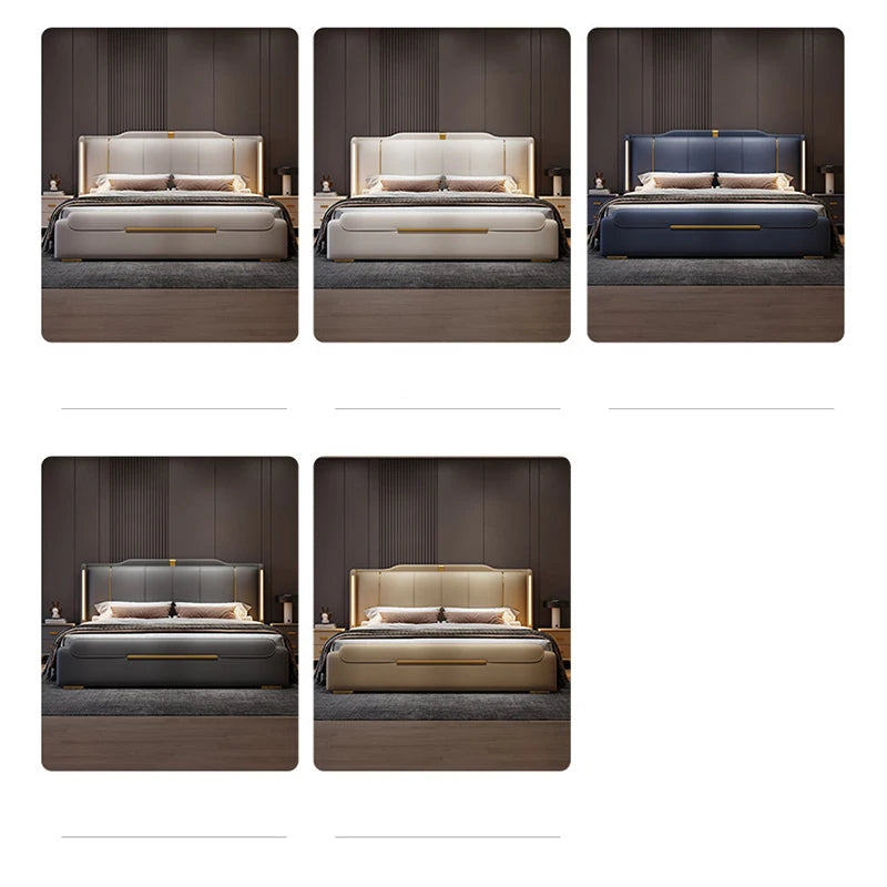 Set of five images showing a bed with different color options against a neutral background.