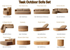 Teak outdoor sofa set with various pieces and their dimensions on a white background.