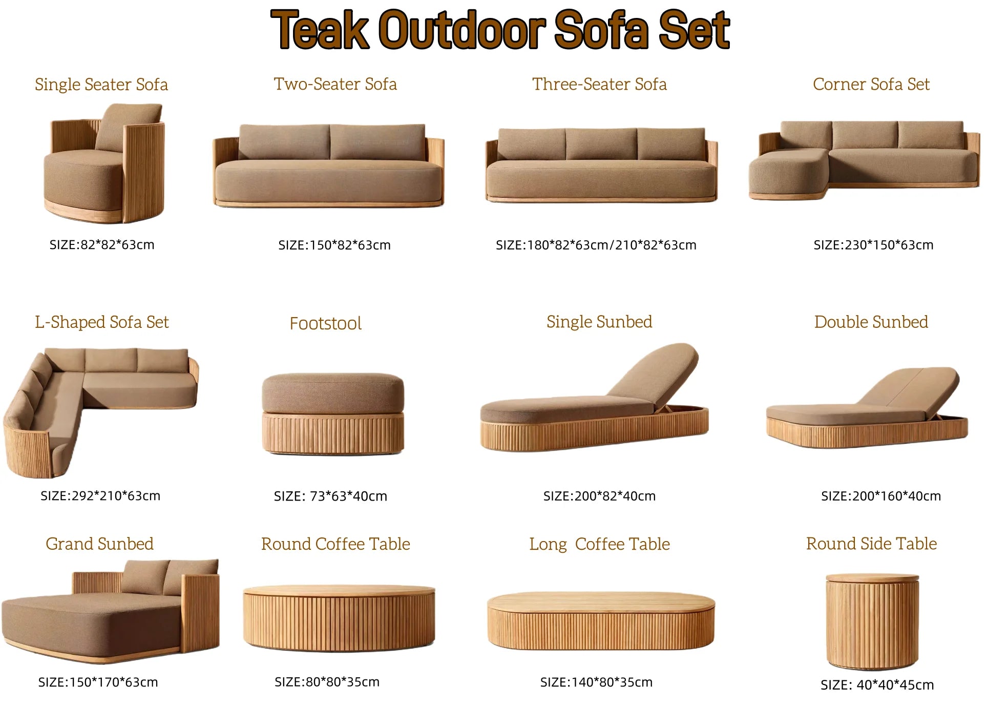Teak outdoor sofa set with various pieces and their dimensions on a white background.