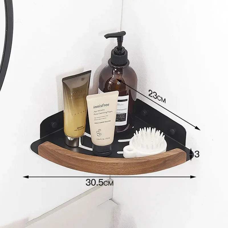 Bathroom corner shelf with toiletries and dimensions labeled