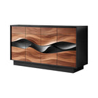 Wooden dresser with wavy design on a white background