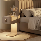 Modern bedroom with a bed and nightstand featuring decorative items.