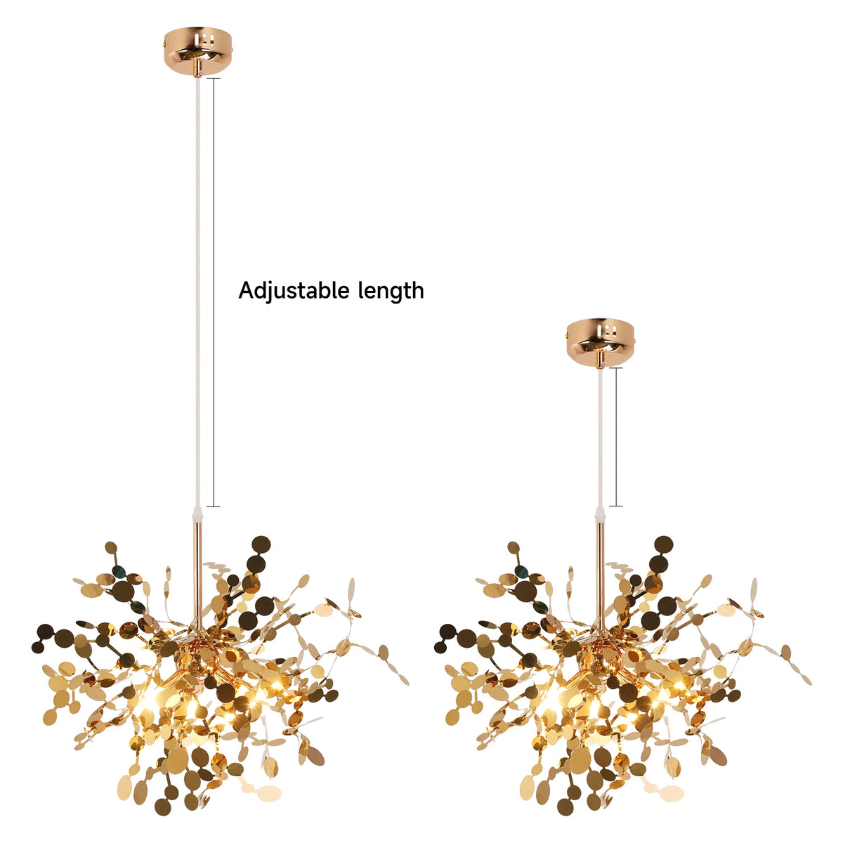 Gold chandelier with adjustable length feature on a white background