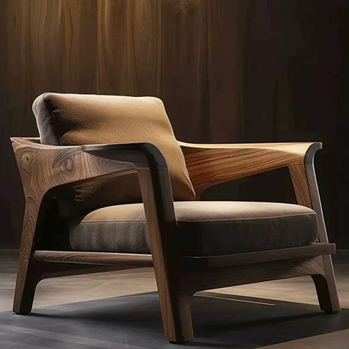 Wooden armchair with brown cushions in a dimly lit room