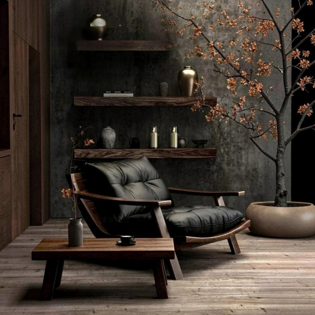 A dark leather lounge chair with curved wooden arms sits in a styled interior with a matching wooden coffee table, floating shelves, a textured gray wall, and a potted tree with sparse orange leaves.