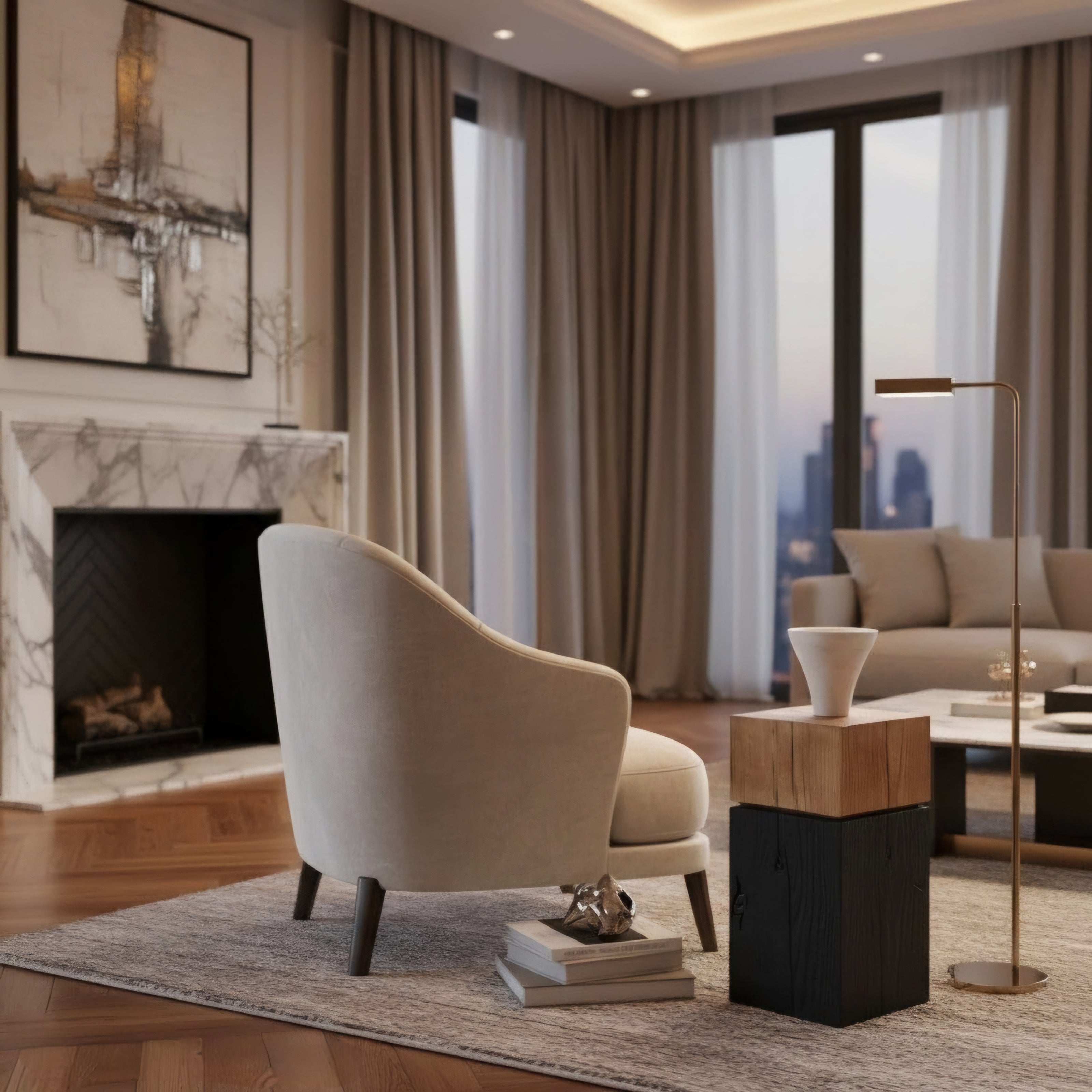 Modern living room with beige armchair, fireplace, and cityscape view