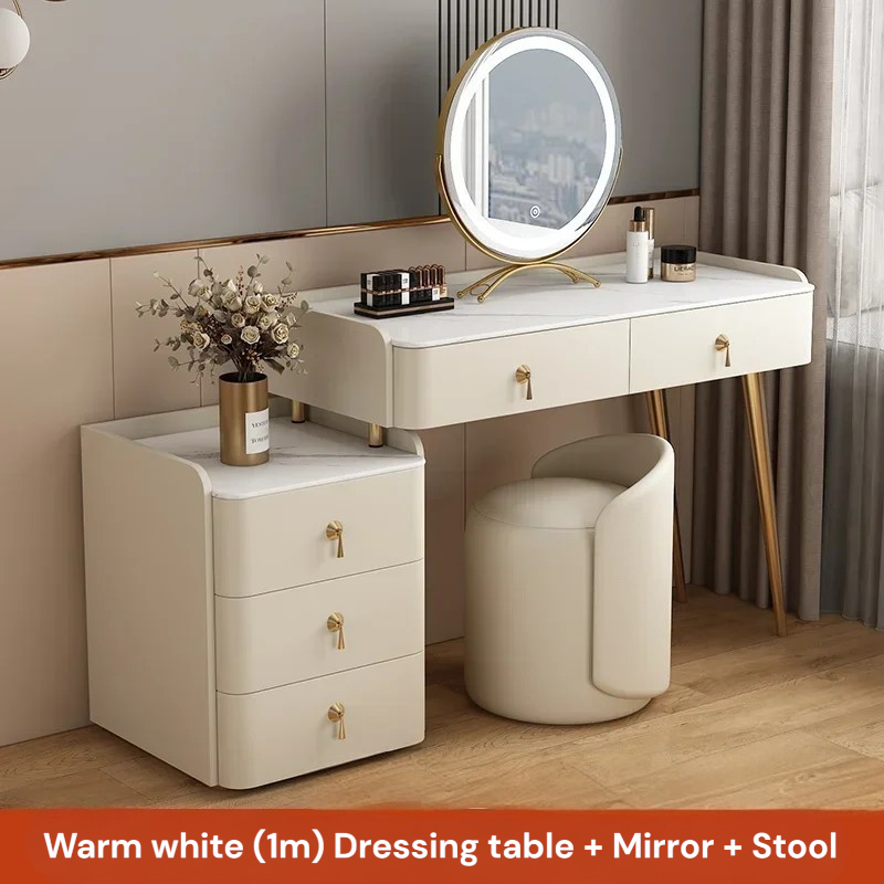 Beige dressing table with mirror and stool in a room setting