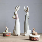 Country Rabbit Couple Ornaments – Hand-Painted Resin Figures