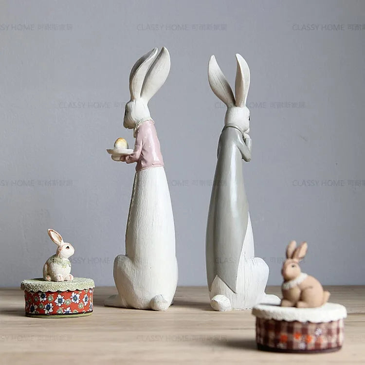 Country Rabbit Couple Ornaments – Hand-Painted Resin Figures