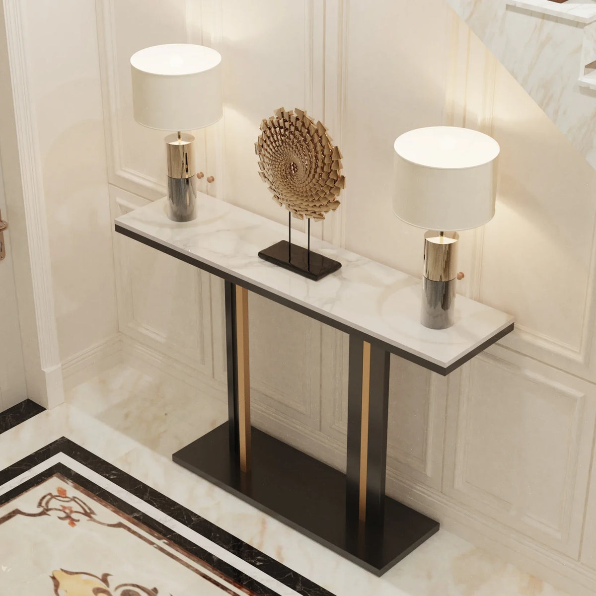 Console table with two lamps and a decorative item in a stylish interior setting.