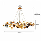 A decorative multi-light chandelier with a gold and black branch-like metal frame, clear glass globes, and a round canopy, shown with dimension labels: 15cm canopy diameter, 120cm adjustable height, and 35cm plus 100cm overall width on a white background.