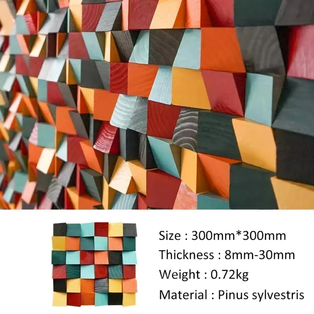 Colorful geometric-patterned material with size, thickness, weight, and material information displayed.