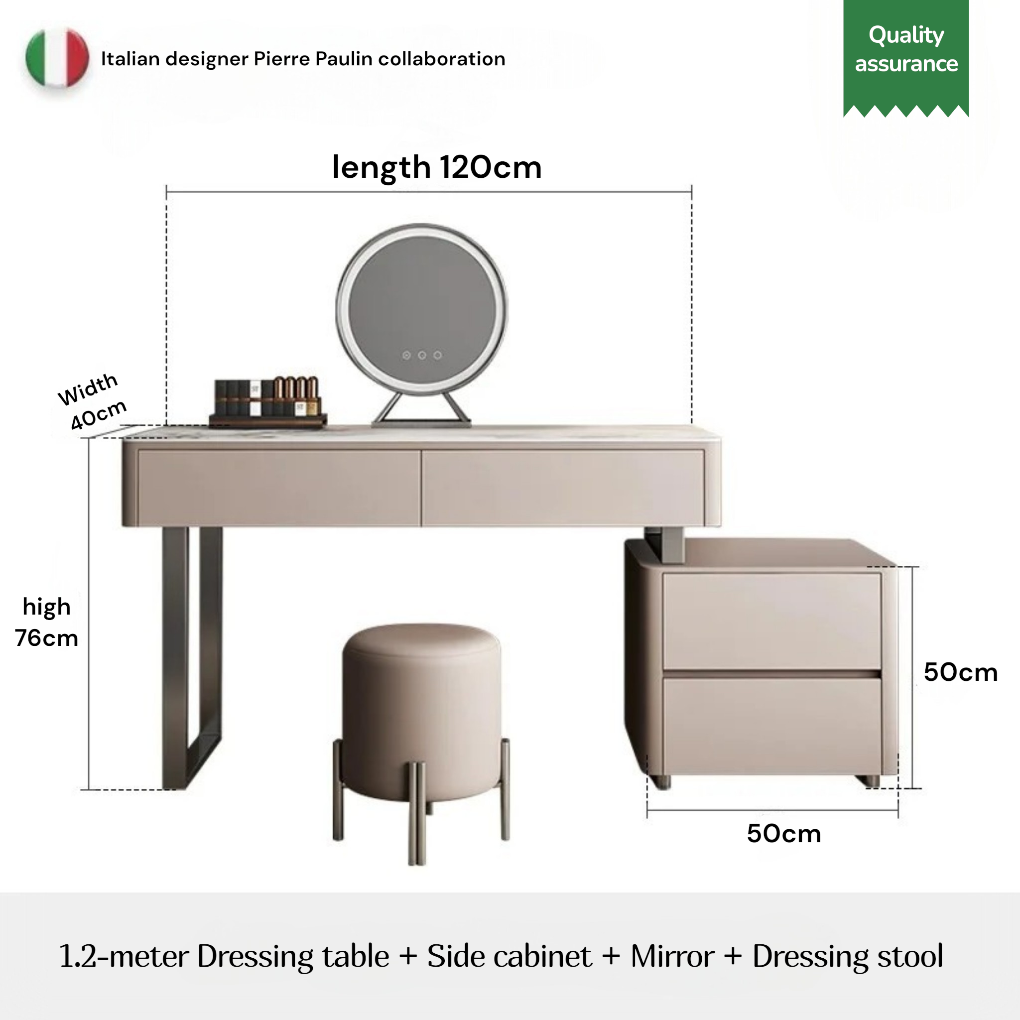 Dressing table with mirror and stool, dimensions displayed