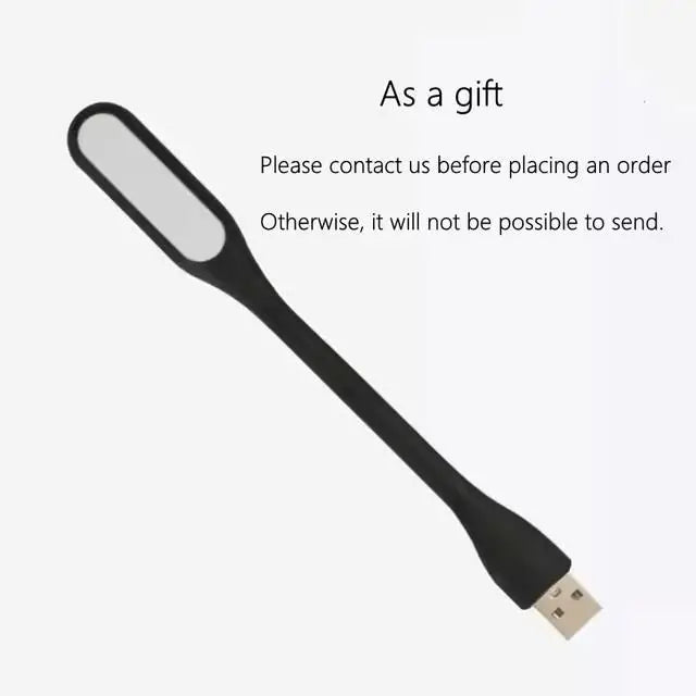 Black USB light on a white background with text about contacting the seller before ordering.