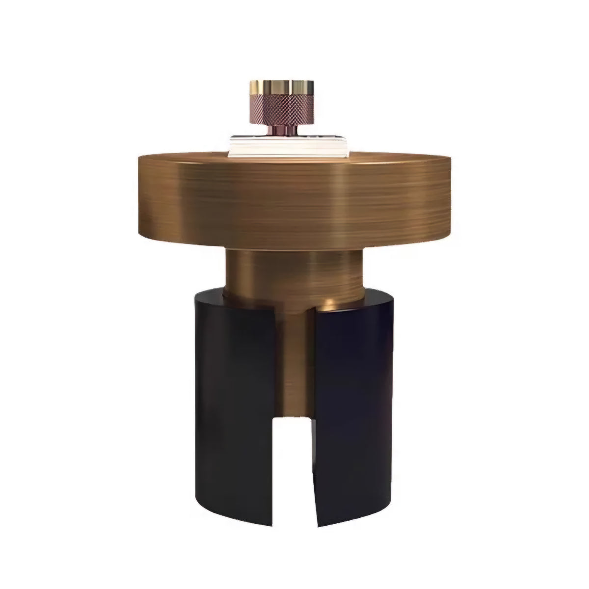 A modern sculptural side table or lamp base with a brushed bronze circular top, a matching bronze cylindrical center, and a matte black split pedestal base, shown on a plain white background.