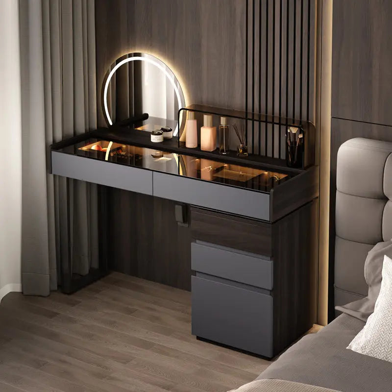 Nordic Glass Top Makeup Vanity Table – Minimalist Dressing Table with Storage Drawers