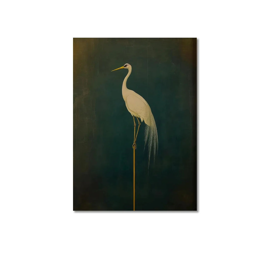 Japanese Crane Canvas Print – Elegant Green & White Bird Wall Art
