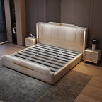 Beige upholstered bed with LED lighting in a bedroom setting