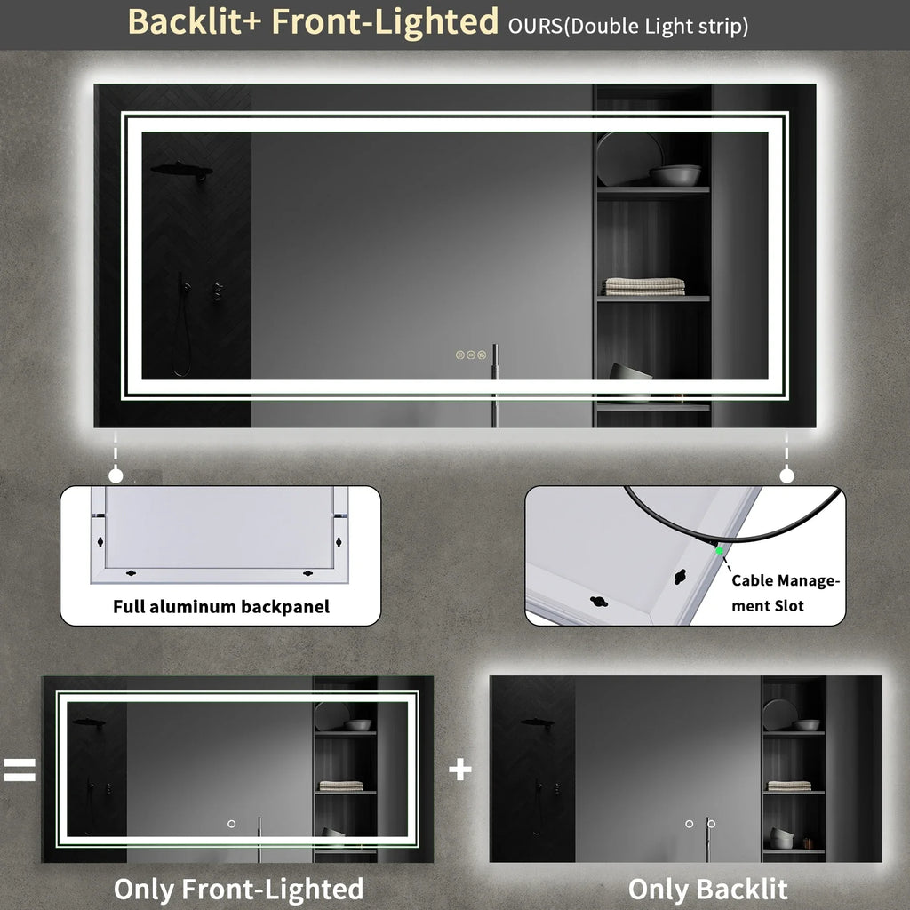 Comparison of backlit and front-lighted mirrors with features highlighted.