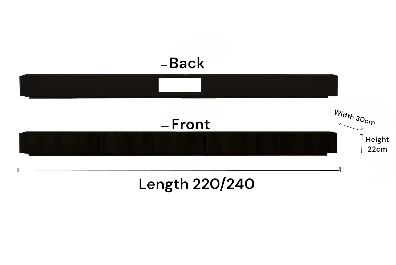 Measurement chart of a black rectangular object with labeled dimensions on a white background