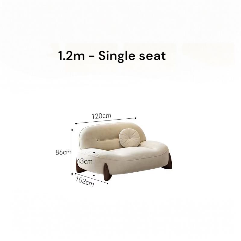 Beige sofa with dimensions labeled on a white background