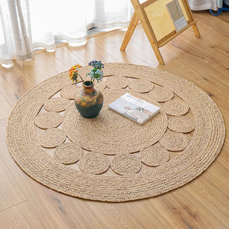 Woven Rugs Carpets for Living Room Bedroom Decor Pure Plants Round Carpets Home Decoration Floor Mats Retro Hollow Design