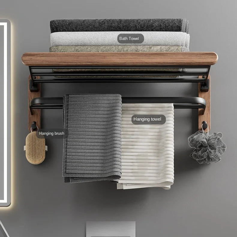 Towel rack with folded towels on a gray wall, labeled 'Multifunctional Storage'.