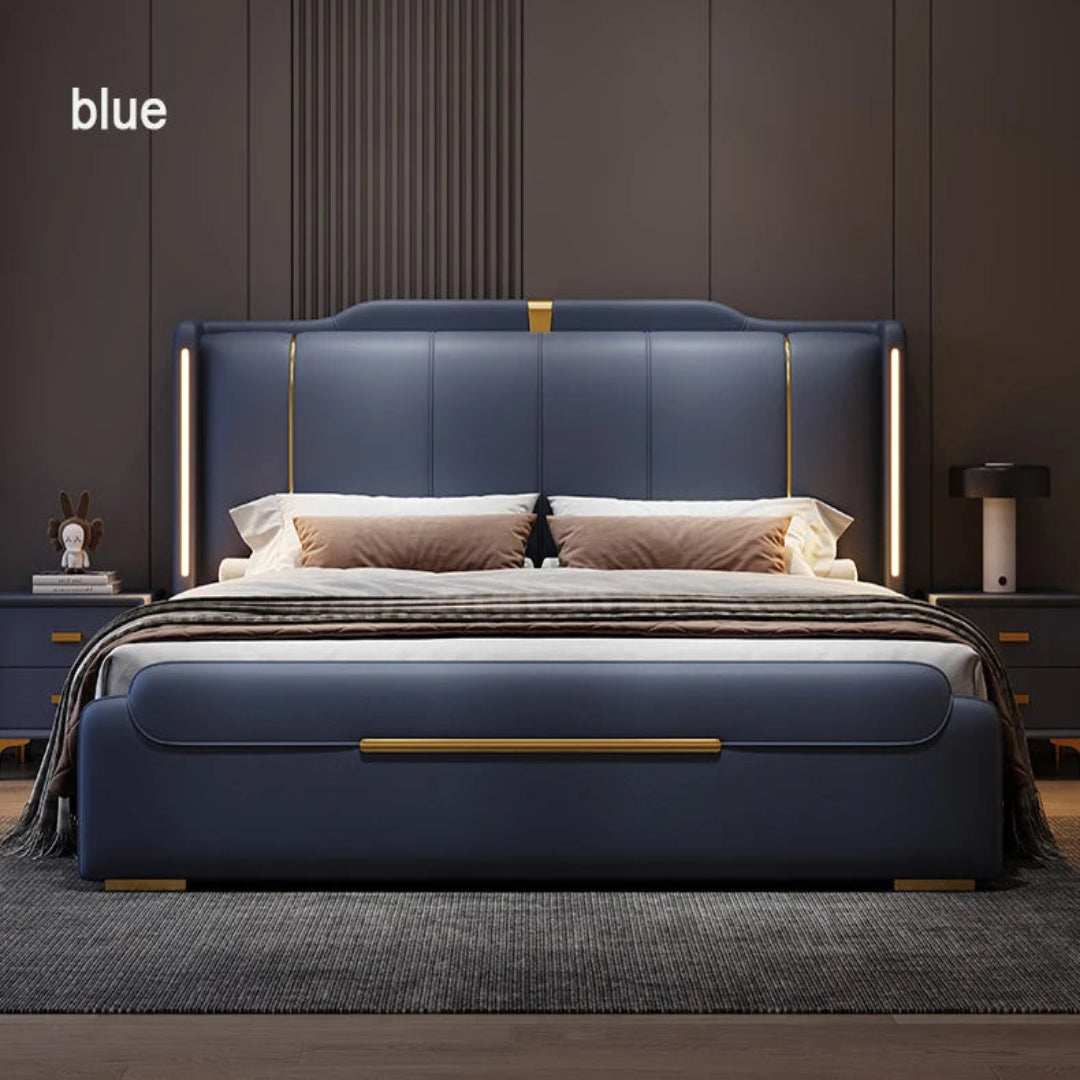 Blue bed with gold accents in a modern bedroom setting