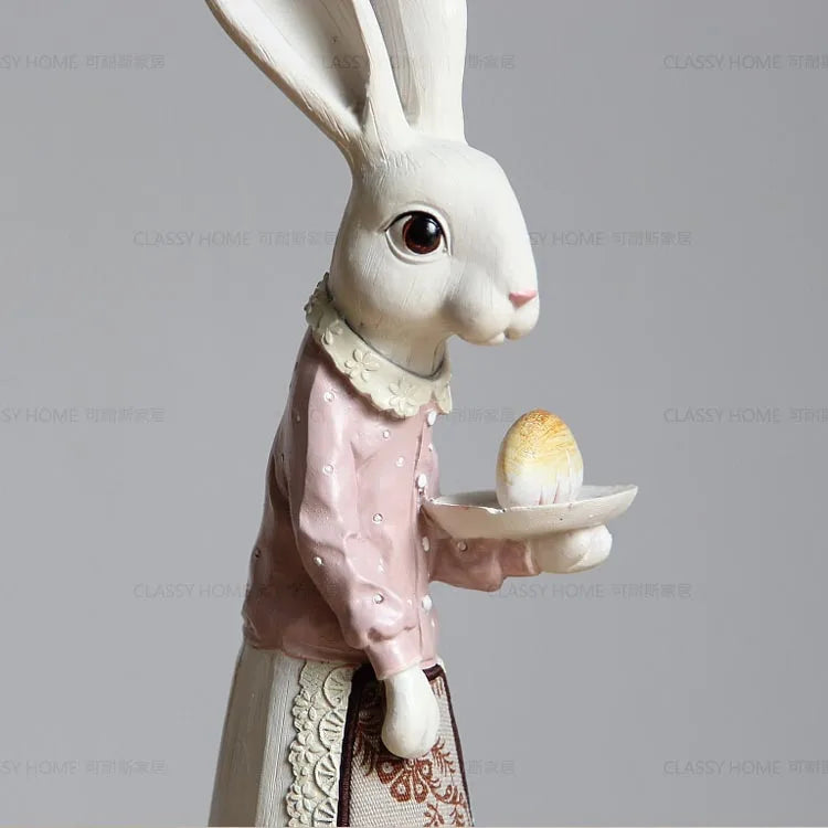 Country Rabbit Couple Ornaments – Hand-Painted Resin Figures