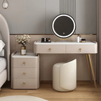 Modern bedroom with a vanity table, stool, and nightstand.