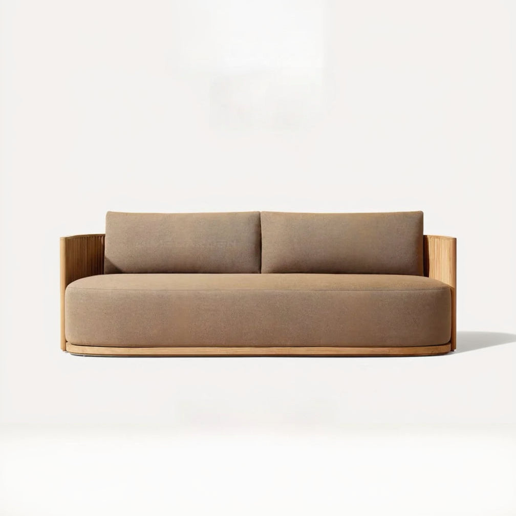 Beige sofa with wooden frame on a white background