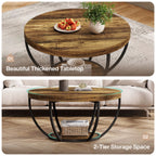 Round wooden table with a thickened tabletop and 2-tier storage space in a living room setting.