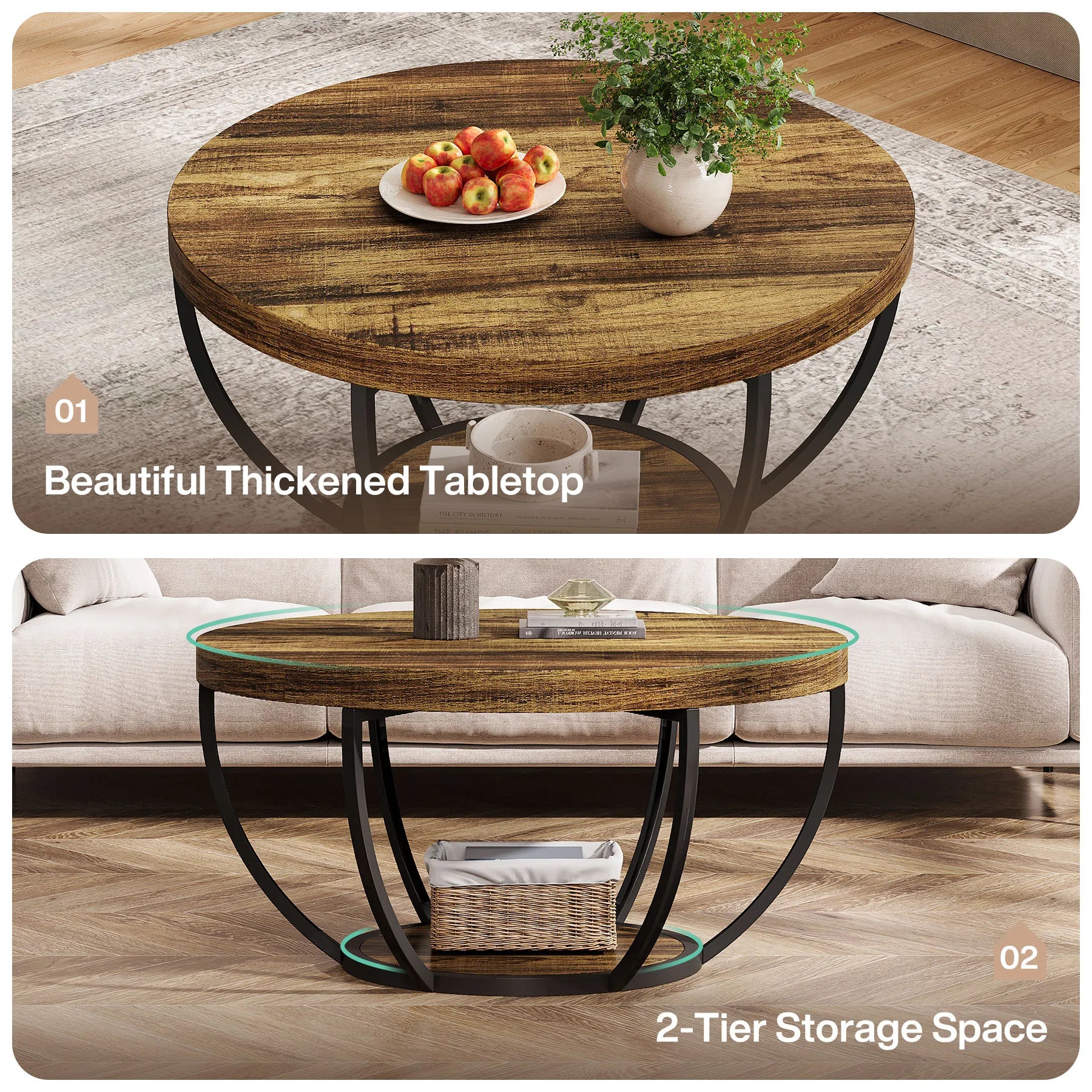 Round wooden table with a thickened tabletop and 2-tier storage space in a living room setting.