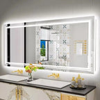 Bathroom vanity with a large illuminated mirror, sink, and decorative elements.