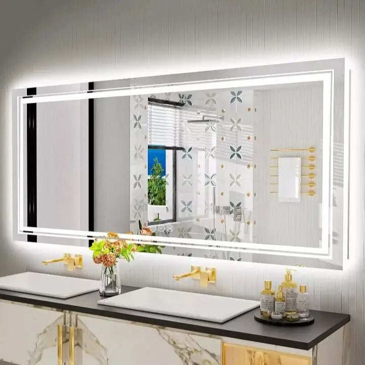 Bathroom vanity with a large illuminated mirror, sink, and decorative elements.
