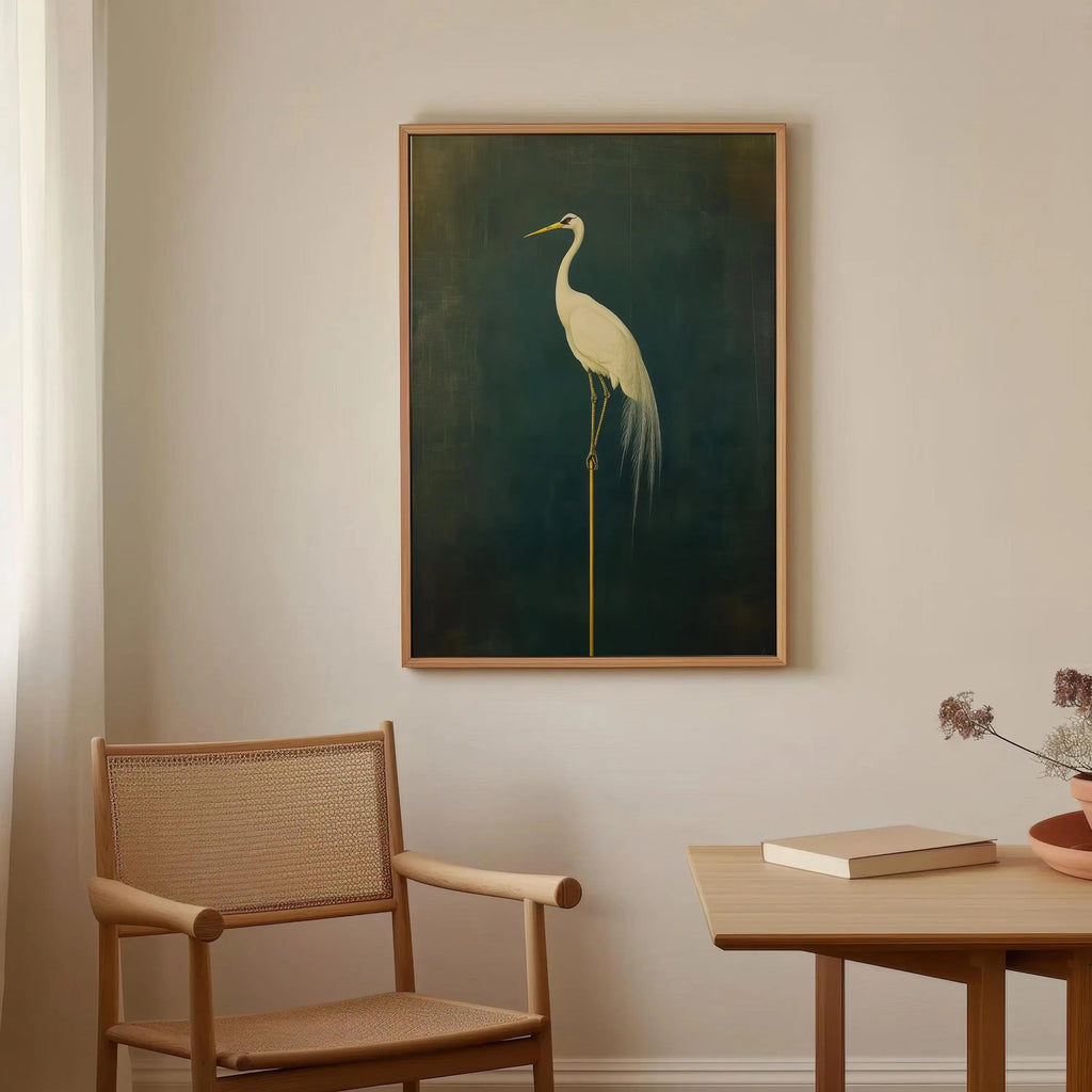 Japanese Crane Canvas Print – Elegant Green & White Bird Wall Art