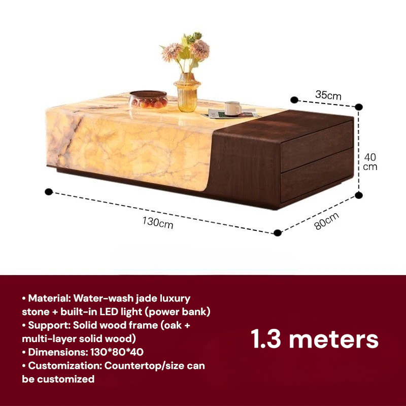 Dimensions of a decorative coffee table with LED light and solid wood frame.