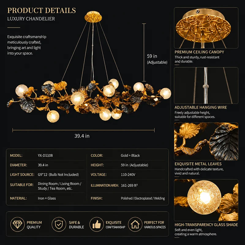 Product details infographic for a luxury chandelier, showing a gold and black metal leaf-style chandelier with multiple warm white globe bulbs. The image includes dimensions (39.